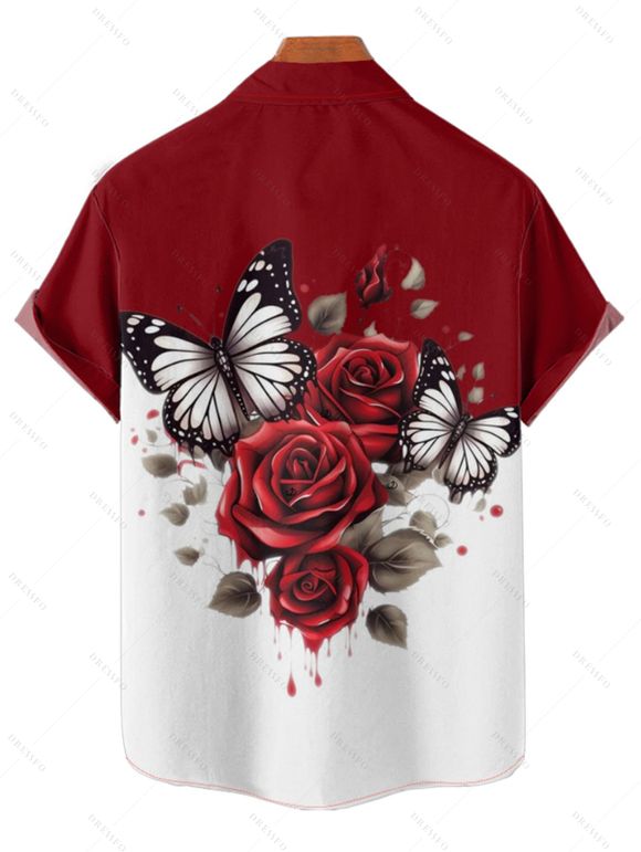 Vacation Couple Outfit Colorblock Butterfly Rose Flower Leaf Pattern Ruched Bust Belt Dress and Button Up Shirt Matching Outfit - Rouge foncé S | US 4