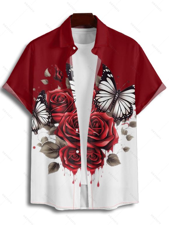 Vacation Couple Outfit Colorblock Butterfly Rose Flower Leaf Pattern Ruched Bust Belt Dress and Button Up Shirt Matching Outfit - Rouge foncé S | US 4