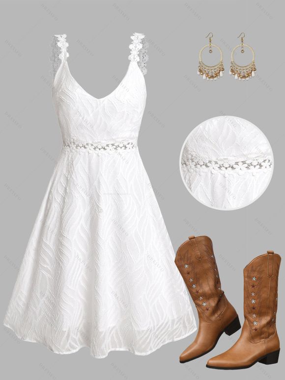 Vacation Women Outfit Solid Color Flower Lace Jacquard Panel Dress Waterdrop Tassel Earrings Embroidered Star Printed Boots Set - Blanc S | US 4
