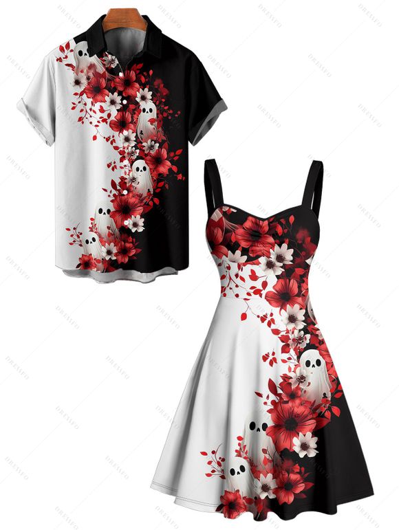 Gothic Couple Outfit Contrast Color Flower Ghost Pattern Ruched Bust Dress and Button Up Shirt Vacation Matching Outfit - Noir S | US 4