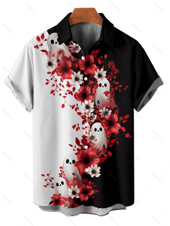 Gothic Couple Outfit Contrast Color Flower Ghost Pattern Ruched Bust Dress and Button Up Shirt Vacation Matching Outfit - Noir S | US 4