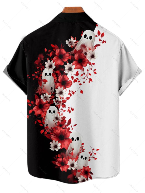 Gothic Couple Outfit Contrast Color Flower Ghost Pattern Ruched Bust Dress and Button Up Shirt Vacation Matching Outfit - Noir S | US 4