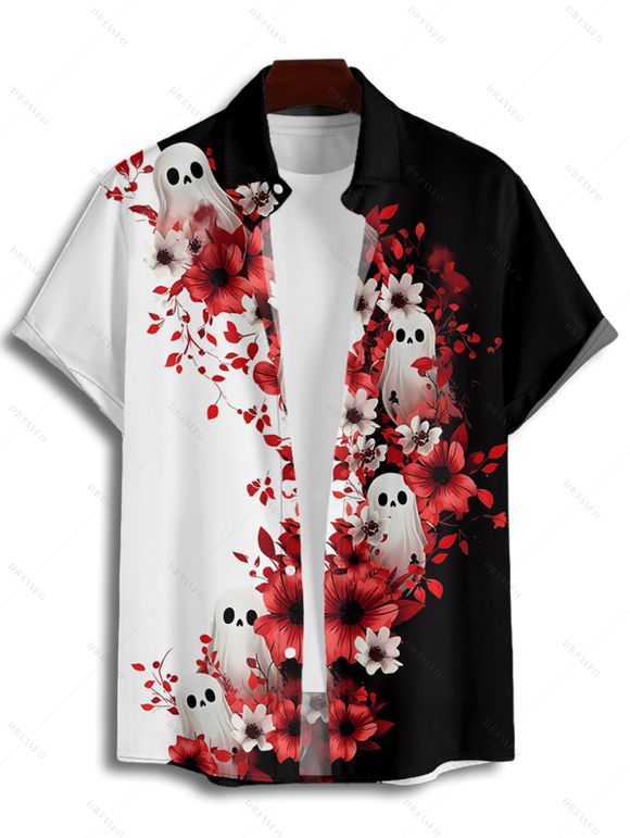 Gothic Couple Outfit Contrast Color Flower Ghost Pattern Ruched Bust Dress and Button Up Shirt Vacation Matching Outfit - Noir S | US 4