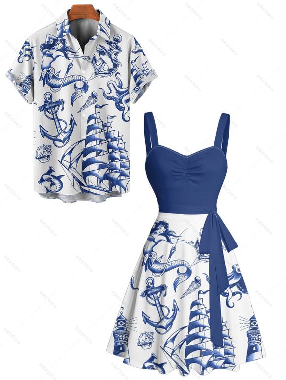 Vacation Couple Outfit Mermaid Dolphin Ship Ocean Elements Pattern Ruched Bust Belt Dress and Button Up Shirt Matching Outfit - Bleu S | US 4