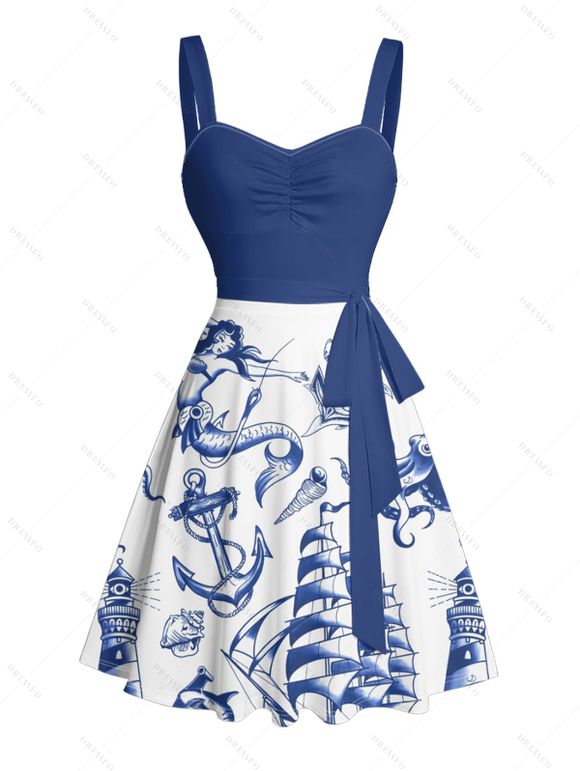 Vacation Couple Outfit Mermaid Dolphin Ship Ocean Elements Pattern Ruched Bust Belt Dress and Button Up Shirt Matching Outfit - Bleu S | US 4