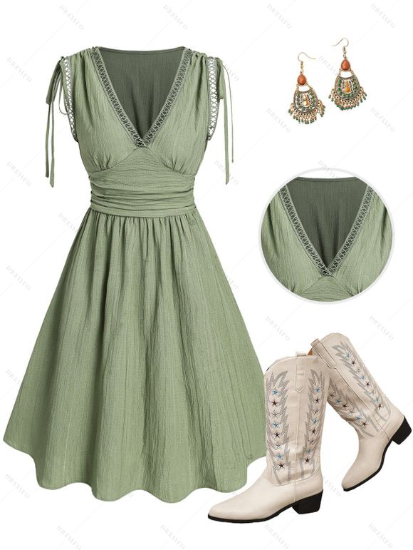 Vacation Women Outfit Solid Color Cinched Shoulder Lace Panel A Line Dress and Turquoise Beaded Earrings Embroidery Star Boots Set - Vert clair S | US 4