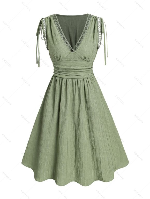 Vacation Women Outfit Solid Color Cinched Shoulder Lace Panel A Line Dress and Turquoise Beaded Earrings Embroidery Star Boots Set - Vert clair S | US 4