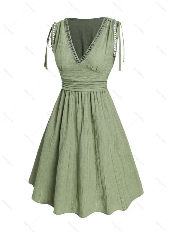 Vacation Women Outfit Solid Color Cinched Shoulder Lace Panel A Line Dress and Turquoise Beaded Earrings Embroidery Star Boots Set - Vert clair S | US 4