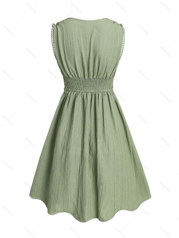 Vacation Women Outfit Solid Color Cinched Shoulder Lace Panel A Line Dress and Turquoise Beaded Earrings Embroidery Star Boots Set - Vert clair S | US 4