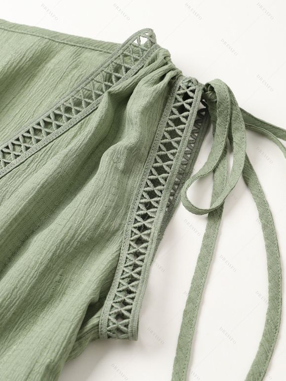 Vacation Women Outfit Solid Color Cinched Shoulder Lace Panel A Line Dress and Turquoise Beaded Earrings Embroidery Star Boots Set - Vert clair S | US 4