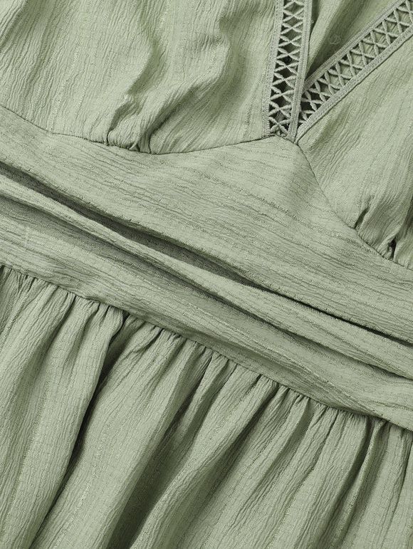 Vacation Women Outfit Solid Color Cinched Shoulder Lace Panel A Line Dress and Turquoise Beaded Earrings Embroidery Star Boots Set - Vert clair S | US 4