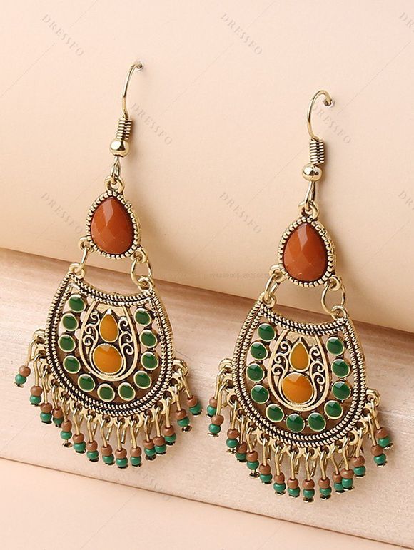 Vacation Women Outfit Solid Color Cinched Shoulder Lace Panel A Line Dress and Turquoise Beaded Earrings Embroidery Star Boots Set - Vert clair S | US 4