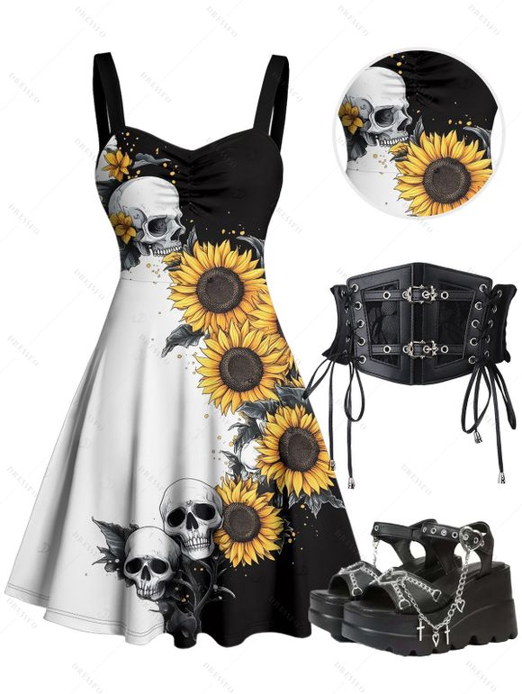 Gothic Women Outfit Contrast Color Sunflower Skulls Pattern Ruched Bust Dress and Lace Up Wide Belt Chain Sandals Set - Noir S | US 4