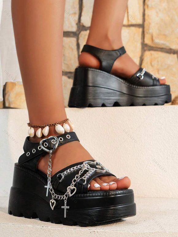 Gothic Women Outfit Contrast Color Sunflower Skulls Pattern Ruched Bust Dress and Lace Up Wide Belt Chain Sandals Set - Noir S | US 4