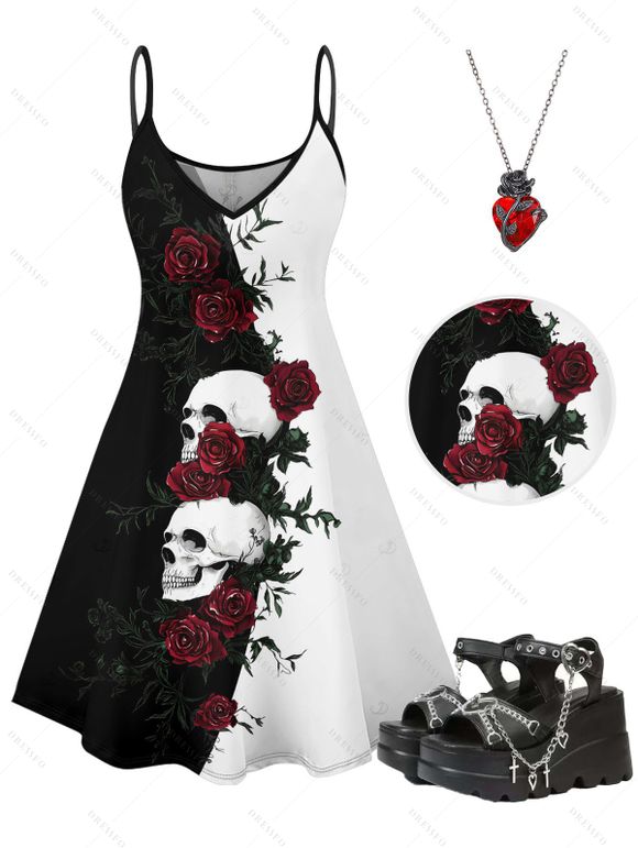 Gothic Women Outfit Monochrome Rose Skulls Pattern Spaghetti Strap Tank Dress and Heart Rose Necklace Heart Chain Embellishment Sandals Set - Noir S | US 4