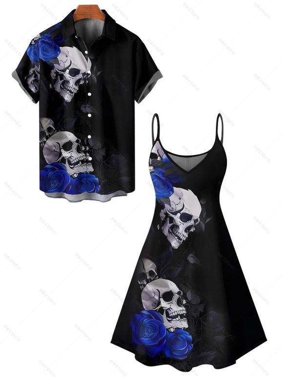Gothic Couple Outfit Skulls Rose Floral Pattern Spaghetti Strap V Neck A Line Mini Tank Dress and Button Up Shirt Holiday Matching Outfit - Noir S | US 4