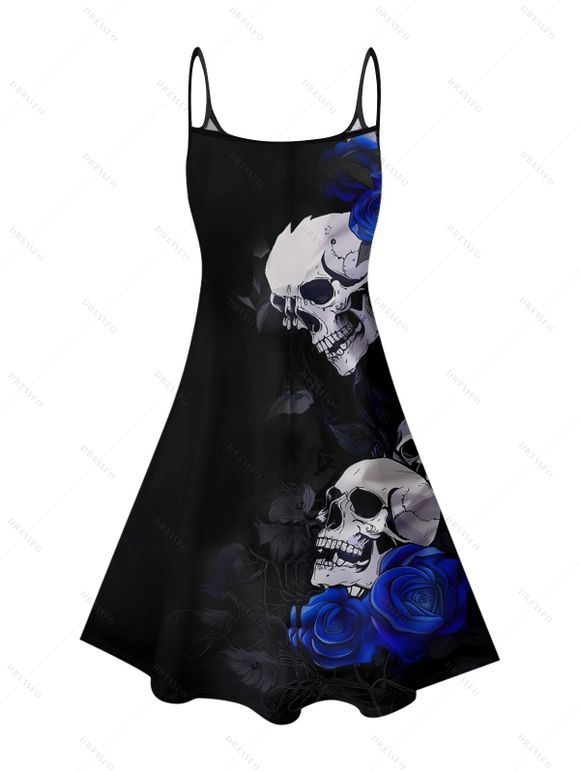 Gothic Couple Outfit Skulls Rose Floral Pattern Spaghetti Strap V Neck A Line Mini Tank Dress and Button Up Shirt Holiday Matching Outfit - Noir S | US 4