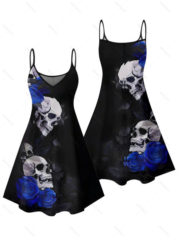 Gothic Couple Outfit Skulls Rose Floral Pattern Spaghetti Strap V Neck A Line Mini Tank Dress and Button Up Shirt Holiday Matching Outfit - Noir S | US 4