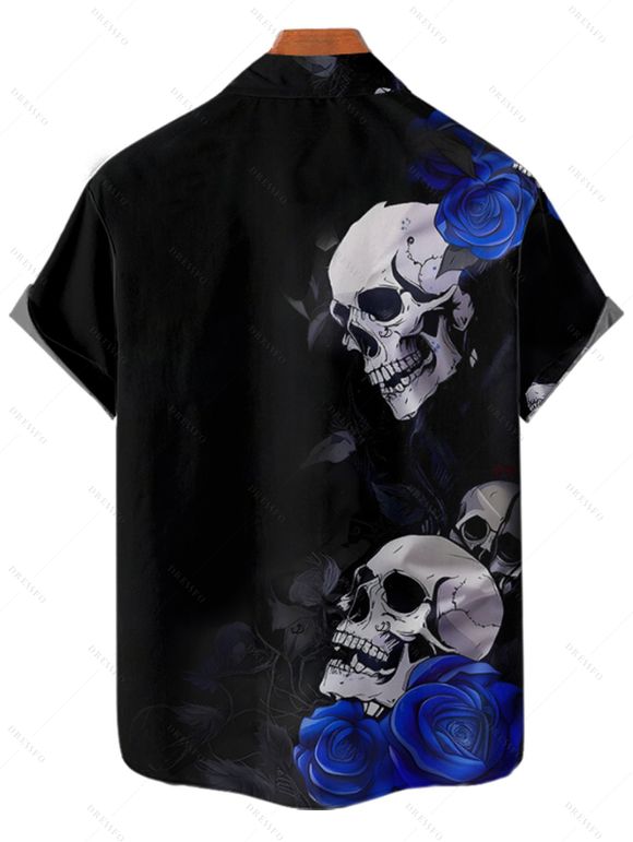 Gothic Couple Outfit Skulls Rose Floral Pattern Spaghetti Strap V Neck A Line Mini Tank Dress and Button Up Shirt Holiday Matching Outfit - Noir S | US 4