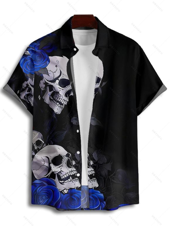 Gothic Couple Outfit Skulls Rose Floral Pattern Spaghetti Strap V Neck A Line Mini Tank Dress and Button Up Shirt Holiday Matching Outfit - Noir S | US 4