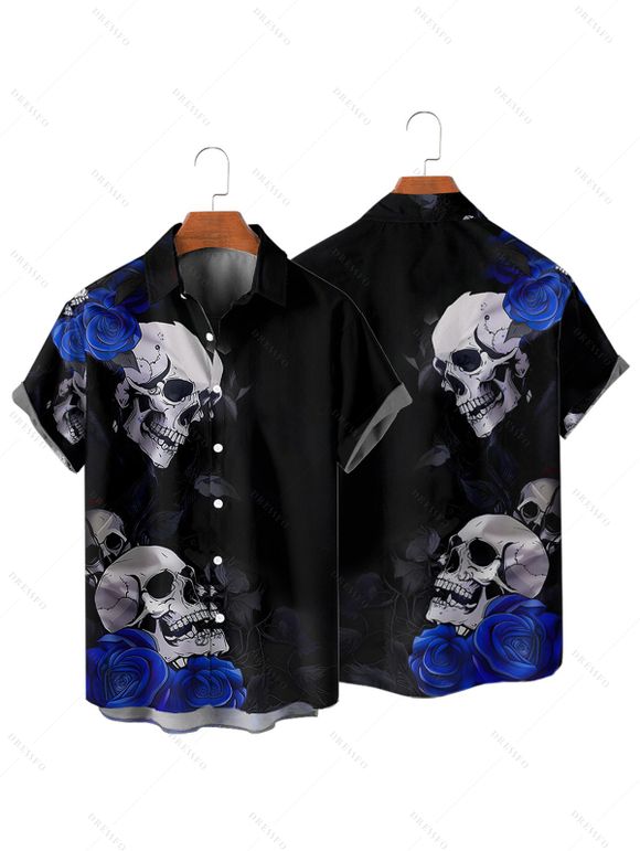 Gothic Couple Outfit Skulls Rose Floral Pattern Spaghetti Strap V Neck A Line Mini Tank Dress and Button Up Shirt Holiday Matching Outfit - Noir S | US 4