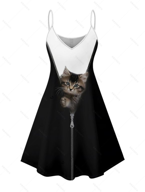 Robe de vacances à motif chat contrasté, bretelles spaghetti, col en V, coupe trapèze, mini-robe décontractée - Noir XXXXXL | US 20