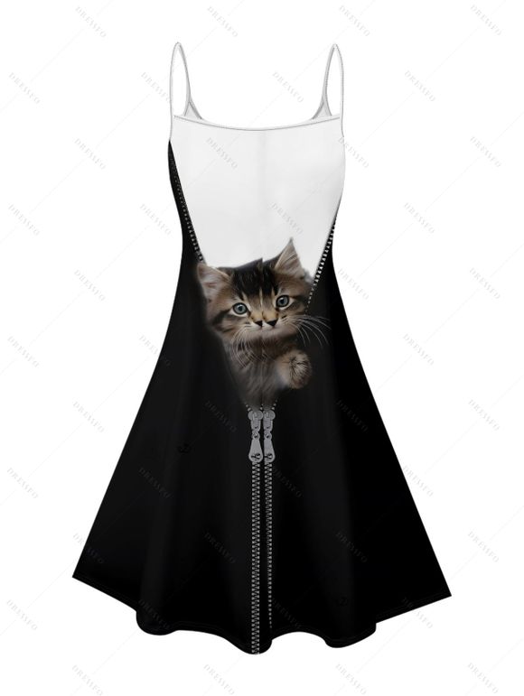 Robe de vacances à motif chat contrasté, bretelles spaghetti, col en V, coupe trapèze, mini-robe décontractée - Noir XXXXXL | US 20