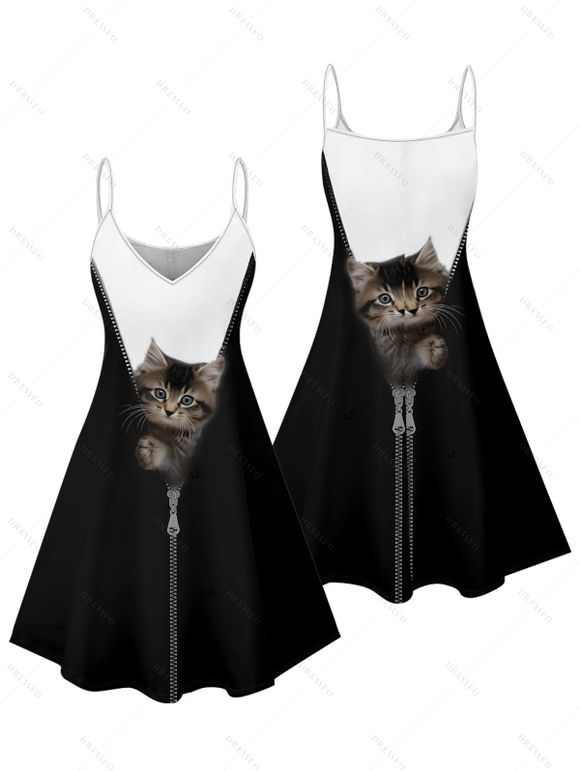 Robe de vacances à motif chat contrasté, bretelles spaghetti, col en V, coupe trapèze, mini-robe décontractée - Noir XXXXXL | US 20