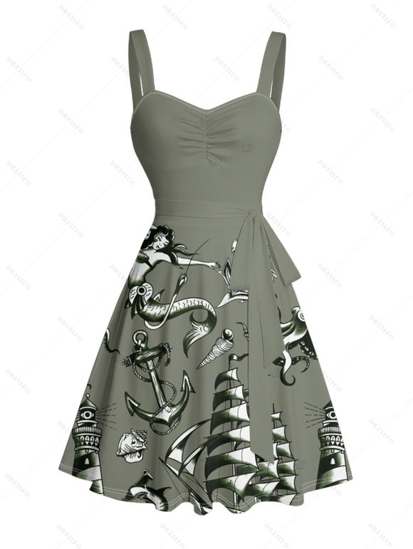 Robe de vacances à motif sirène, dauphin, navire, éléments océaniques, buste froncé, ceinture, col en cœur, ligne A, mini, décontractée - Vert profond L | US 8-10