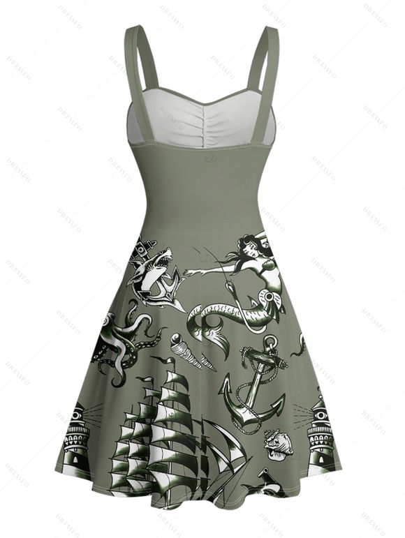 Robe de vacances à motif sirène, dauphin, navire, éléments océaniques, buste froncé, ceinture, col en cœur, ligne A, mini, décontractée - Vert profond M | US 6