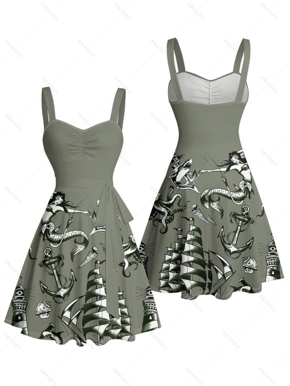 Robe de vacances à motif sirène, dauphin, navire, éléments océaniques, buste froncé, ceinture, col en cœur, ligne A, mini, décontractée - Vert profond M | US 6