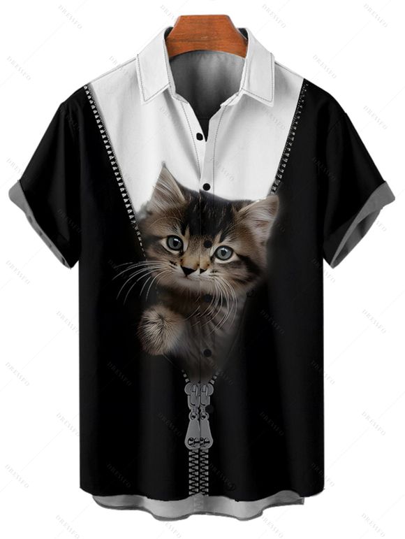 Chemise de vacances à manches courtes et boutons pour homme, décontractée, à motif chat contrasté - Noir 5XL