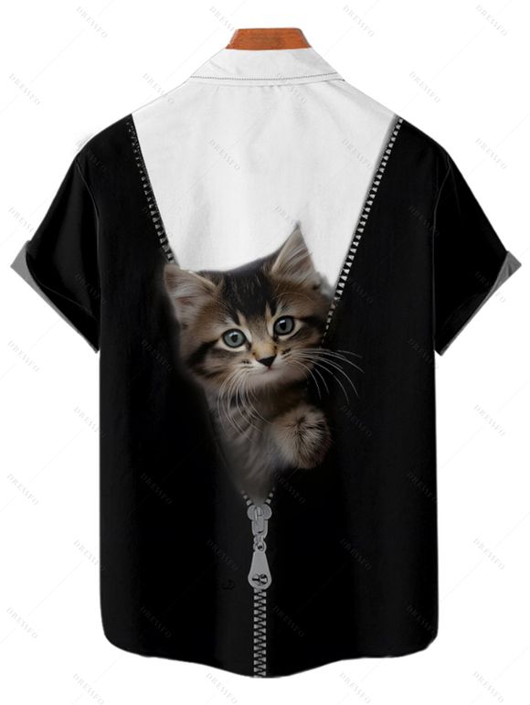 Chemise de vacances à manches courtes et boutons pour homme, décontractée, à motif chat contrasté - Noir 5XL