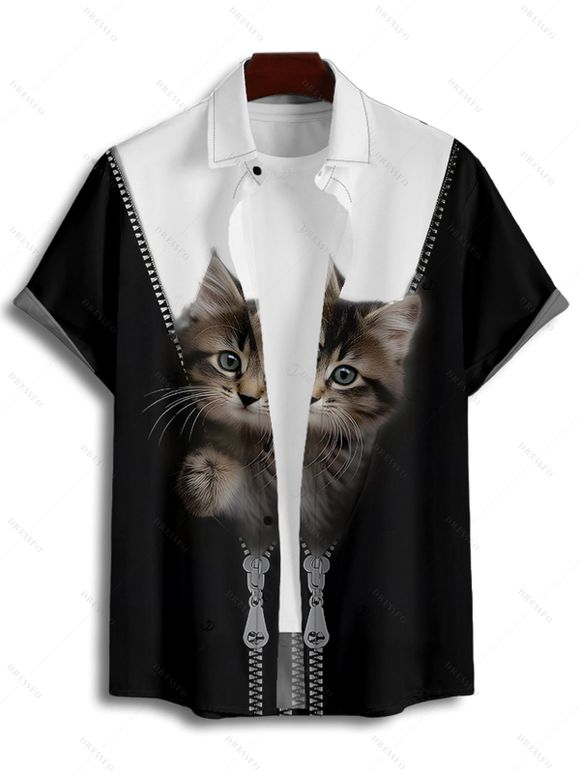 Chemise de vacances à manches courtes et boutons pour homme, décontractée, à motif chat contrasté - Noir 5XL