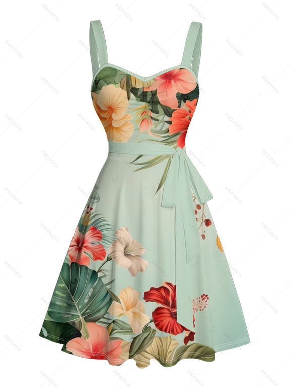 Robe de vacances à motif de feuilles de fleurs colorées, buste froncé, ceinture, col en cœur, robe trapèze mini décontractée - Vert clair XXXXXL | US 20