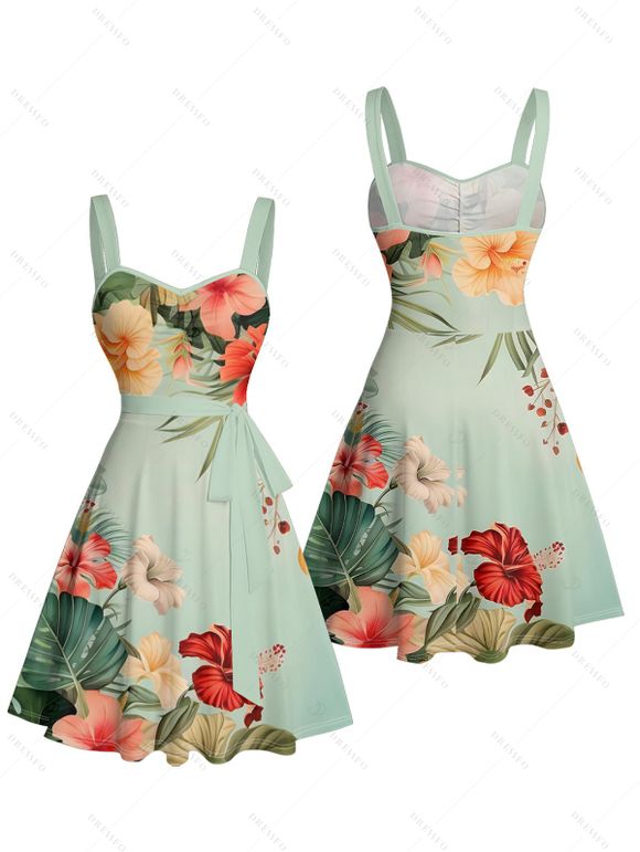 Robe de vacances à motif de feuilles de fleurs colorées, buste froncé, ceinture, col en cœur, robe trapèze mini décontractée - Vert clair XXXXXL | US 20