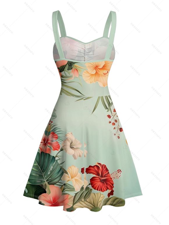 Robe de vacances à motif de feuilles de fleurs colorées, buste froncé, ceinture, col en cœur, robe trapèze mini décontractée - Vert clair XXXXXL | US 20
