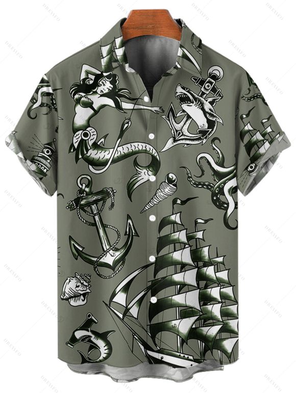 Chemise de vacances pour homme, motif sirène, dauphin, navire, éléments océaniques, boutonnée, retroussée, manches courtes, décontractée - Vert profond L
