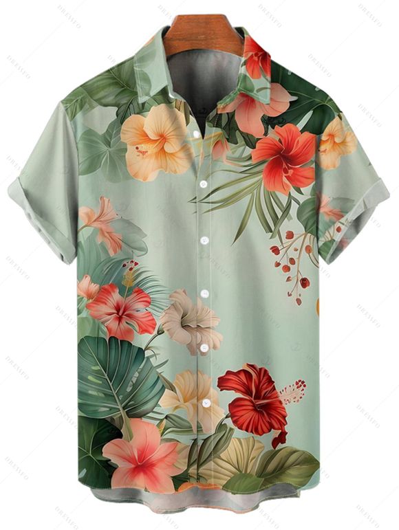 Chemise de vacances à manches courtes et boutons pour homme, motif floral et feuilles colorées, décontractée - Vert clair 5XL