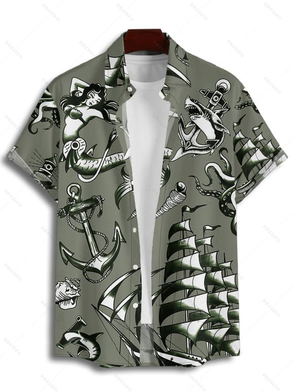 Chemise de vacances pour homme, motif sirène, dauphin, navire, éléments océaniques, boutonnée, retroussée, manches courtes, décontractée - Vert profond 5XL