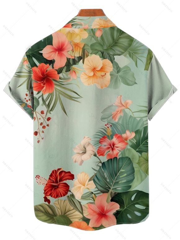 Chemise de vacances à manches courtes et boutons pour homme, motif floral et feuilles colorées, décontractée - Vert clair 5XL