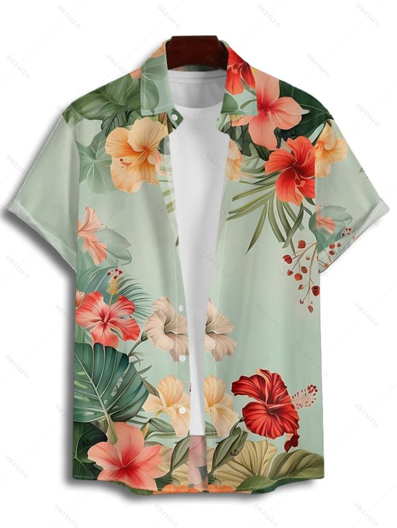 Chemise de vacances à manches courtes et boutons pour homme, motif floral et feuilles colorées, décontractée - Vert clair 5XL