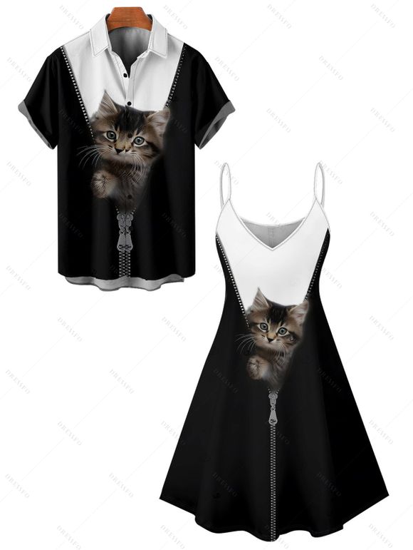 Vacation Couple Outfit Contrast Color Cat Pattern Spaghetti Strap V Neck A Line Mini Tank Dress and Button Up Shirt Casual Matching Outfit - Noir S | US 4