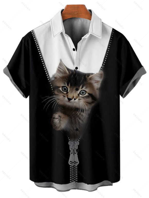 Vacation Couple Outfit Contrast Color Cat Pattern Spaghetti Strap V Neck A Line Mini Tank Dress and Button Up Shirt Casual Matching Outfit - Noir S | US 4