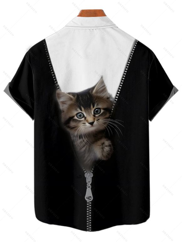 Vacation Couple Outfit Contrast Color Cat Pattern Spaghetti Strap V Neck A Line Mini Tank Dress and Button Up Shirt Casual Matching Outfit - Noir S | US 4