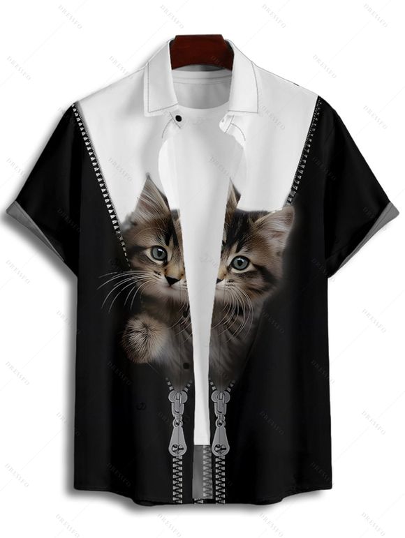 Vacation Couple Outfit Contrast Color Cat Pattern Spaghetti Strap V Neck A Line Mini Tank Dress and Button Up Shirt Casual Matching Outfit - Noir S | US 4