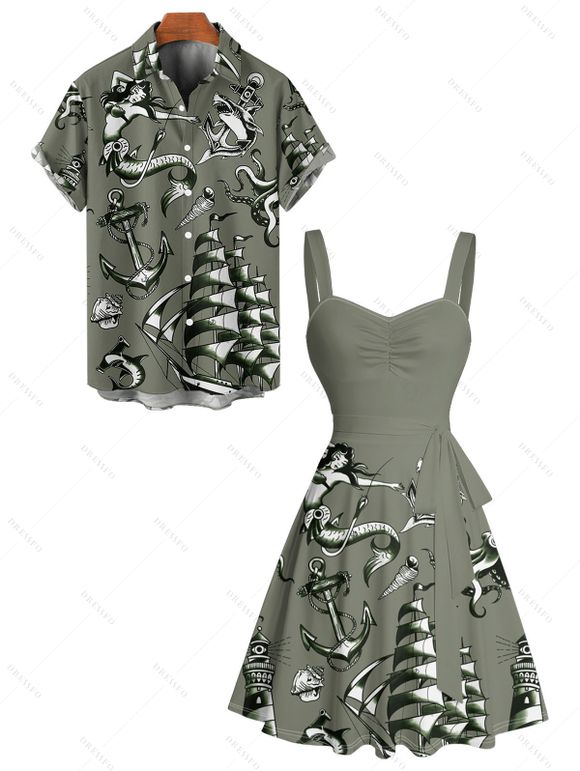 Vacation Couple Outfit Mermaid Dolphin Ship Ocean Elements Pattern Ruched Bust Belt Dress and Button Up Shirt Matching Outfit - Vert profond S | US 4