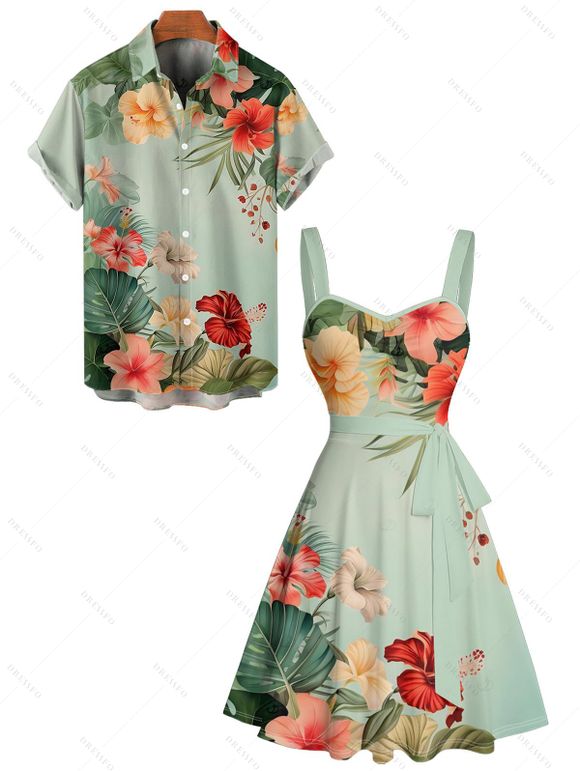 Vacation Couple Outfit Colored Flower Leaf Pattern Ruched Bust Belt Sweetheart Neck A Line Mini Dress and Button Up Shirt Matching Outfit - Vert clair S | US 4