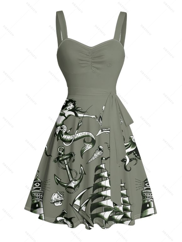 Vacation Couple Outfit Mermaid Dolphin Ship Ocean Elements Pattern Ruched Bust Belt Dress and Button Up Shirt Matching Outfit - Vert profond S | US 4