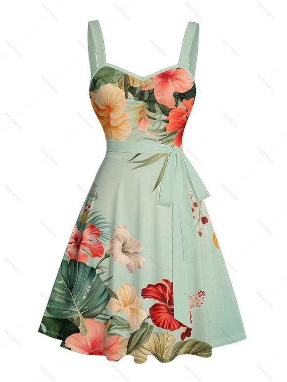 Vacation Couple Outfit Colored Flower Leaf Pattern Ruched Bust Belt Sweetheart Neck A Line Mini Dress and Button Up Shirt Matching Outfit - Vert clair S | US 4